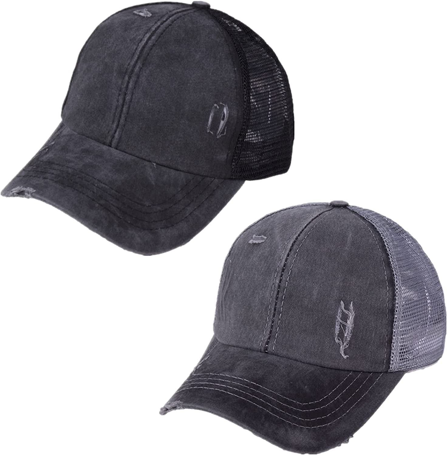 Criss Cross Ponytail Hat Washed Distressed Women Mesh Baseball Caps Messy Bun Ponycaps Apparel & Accessories > Clothing Accessories > Hats Didida A(black&grey)  