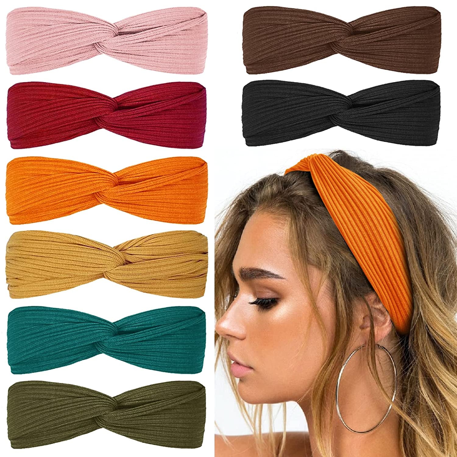 Huachi Headbands for Women Twist Knotted Boho Stretchy Hair Bands for Girls Criss Cross Turban Plain Headwrap Yoga Workout Vintage Hair Accessories, Solid Color, 8Pcs Apparel & Accessories > Clothing Accessories > Bandanas & Headties Huachi Perfect 21  