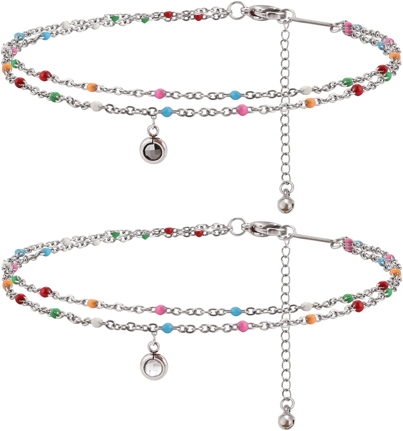 Nobrand Crystal Stainless Steel Anklet Color Beaded Dainty Hanging Bells Cute Charm Adjustable Beach Double Layer Foot Chain for Women Teen Girls, 8.26 Inch+2.36 Inches Apparel & Accessories > Jewelry > Anklets nobrand   