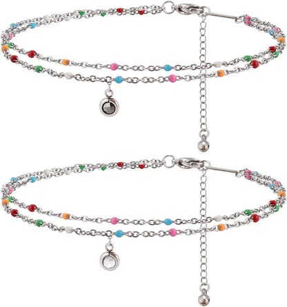 Nobrand Crystal Stainless Steel Anklet Color Beaded Dainty Hanging Bells Cute Charm Adjustable Beach Double Layer Foot Chain for Women Teen Girls, 8.26 Inch+2.36 Inches Apparel & Accessories > Jewelry > Anklets nobrand   