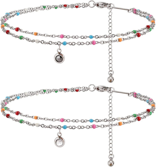 Nobrand Crystal Stainless Steel Anklet Color Beaded Dainty Hanging Bells Cute Charm Adjustable Beach Double Layer Foot Chain for Women Teen Girls, 8.26 Inch+2.36 Inches Apparel & Accessories > Jewelry > Anklets nobrand   