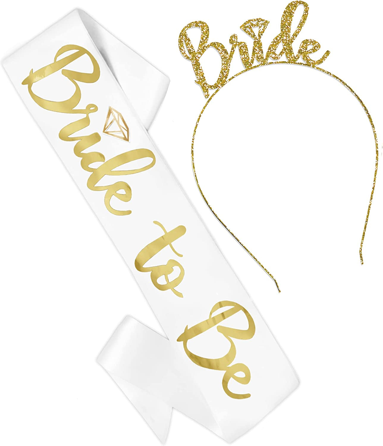 Bride Rose Gold Bridal Shower Set - BRIDAL GRADE SATIN White Sash & Rose Gold Diamond Bride Headband, Bride Kit, Bridal Giftset (B2B & HB Rsgld)Wht Apparel & Accessories > Clothing Accessories > Sashes RhinestoneSash Bride To Be - Gold (White Sash - Glitter Bride Headband)  