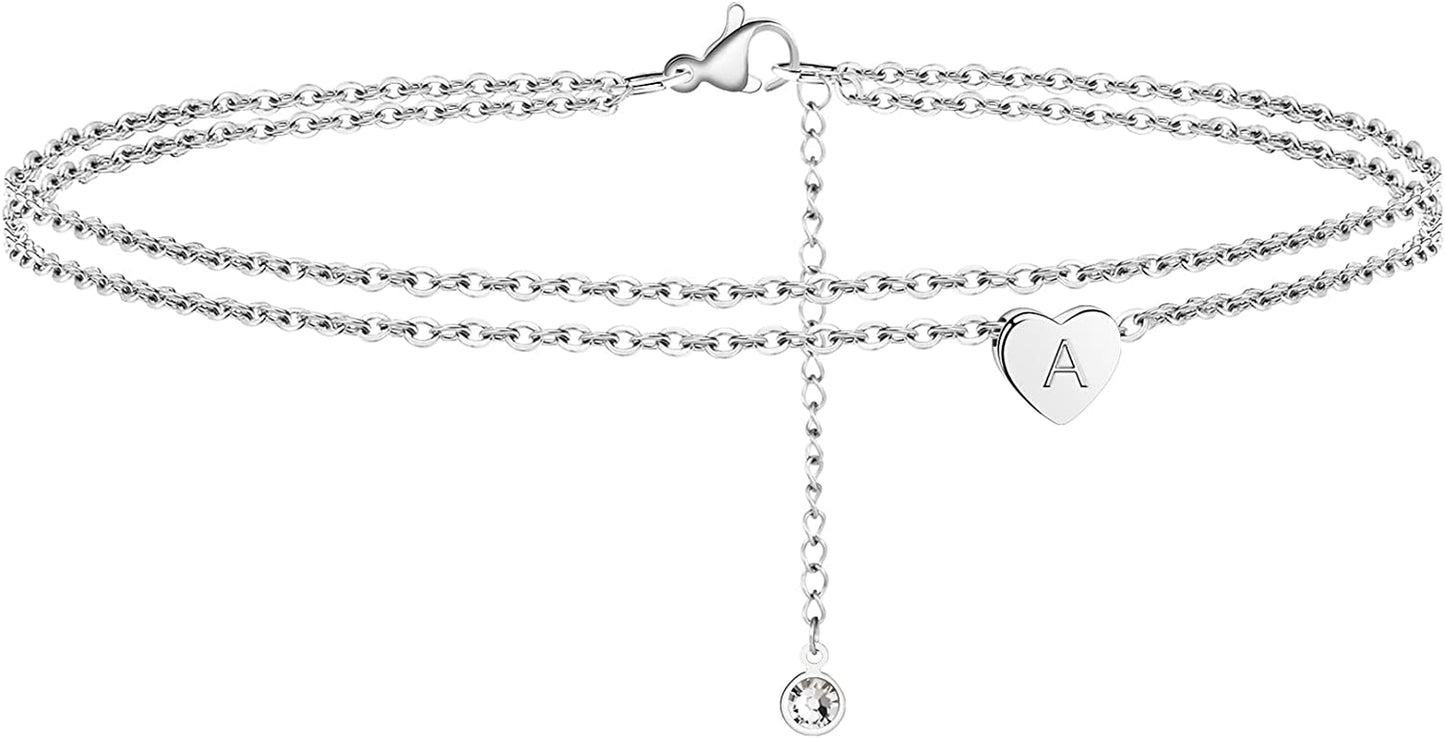 Turandoss Silver Heart Initial Ankle Bracelets for Women, 14K White Gold Filled Handmade Dainty Layered Silver Anklet Letter Initial Heart Ankle Bracelets for Women Silver Summer Foot Beach Jewelry Apparel & Accessories > Jewelry > Anklets Turandoss A  