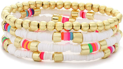 Colorful Beaded Bracelet for Women Heishi Bracelet Set Assorted Gold Bead Stackable Stretch Strand Bracelet Apparel & Accessories > Jewelry > Bracelets WETMT White rainbow colorful  