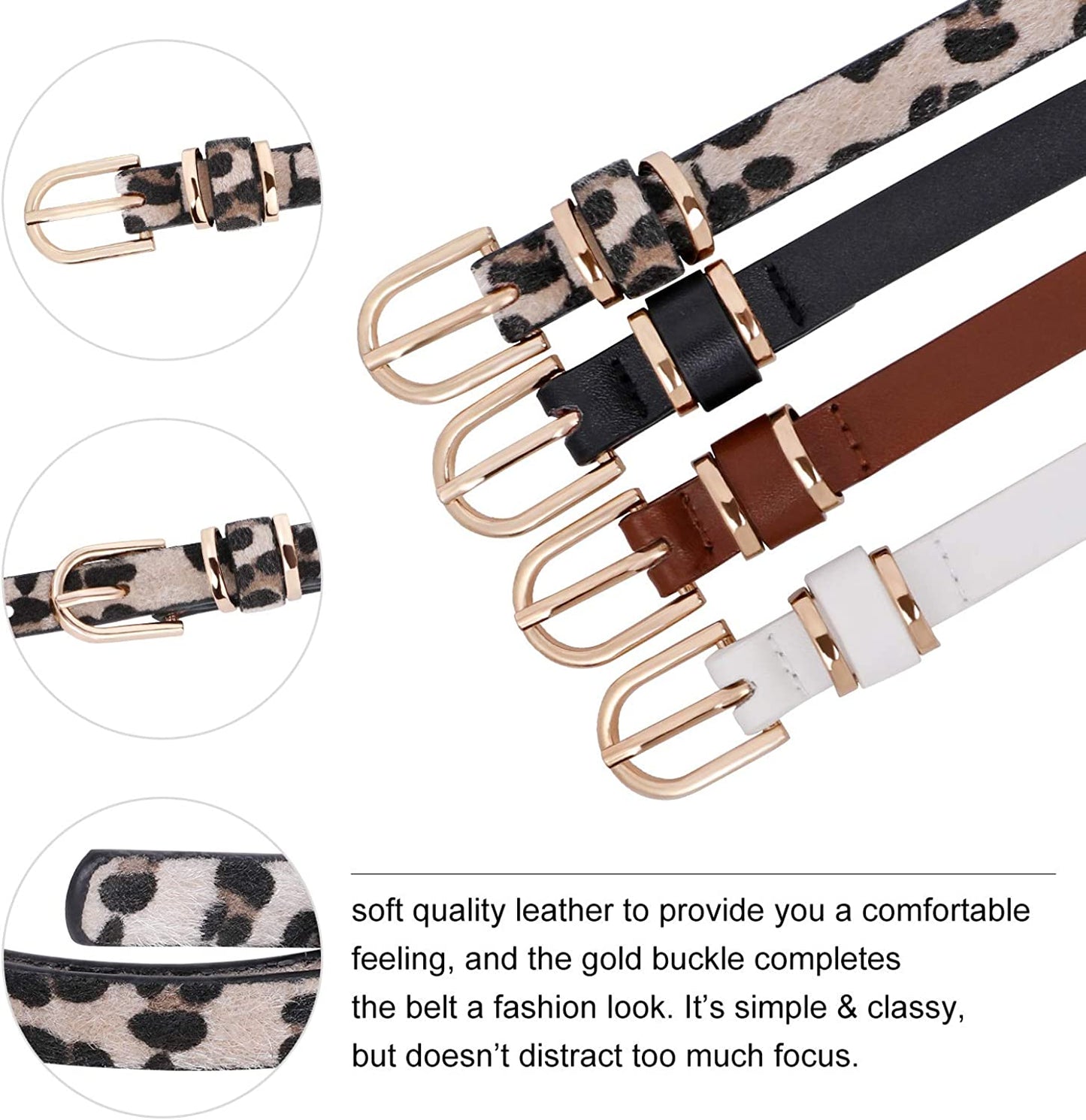 Set of 4 Womens Thin Belts SANSTHS Skinny Leather Belt with Gold Alloy Buckle Apparel & Accessories > Clothing Accessories > Belts SANSTHS   