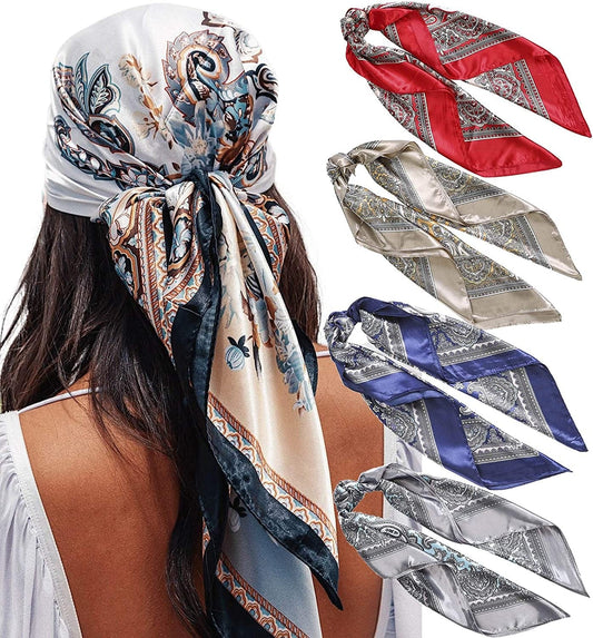 35” Satin Large Square Head Scarves - 4PCS Silk like Neck Scarf Hair Sleeping Wraps Lightweight Satin Silk Scarfs for Women Apparel & Accessories > Clothing Accessories > Headwear AWAYTR Cashew Patterns  