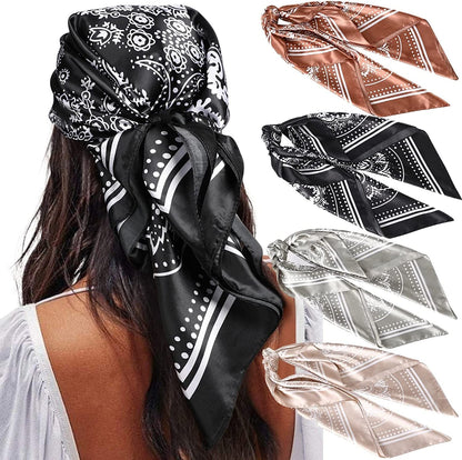 35” Satin Large Square Head Scarves - 4PCS Silk like Neck Scarf Hair Sleeping Wraps Lightweight Satin Silk Scarfs for Women Apparel & Accessories > Clothing Accessories > Headwear AWAYTR Cashew(black+gray+burgundy+light Curry  