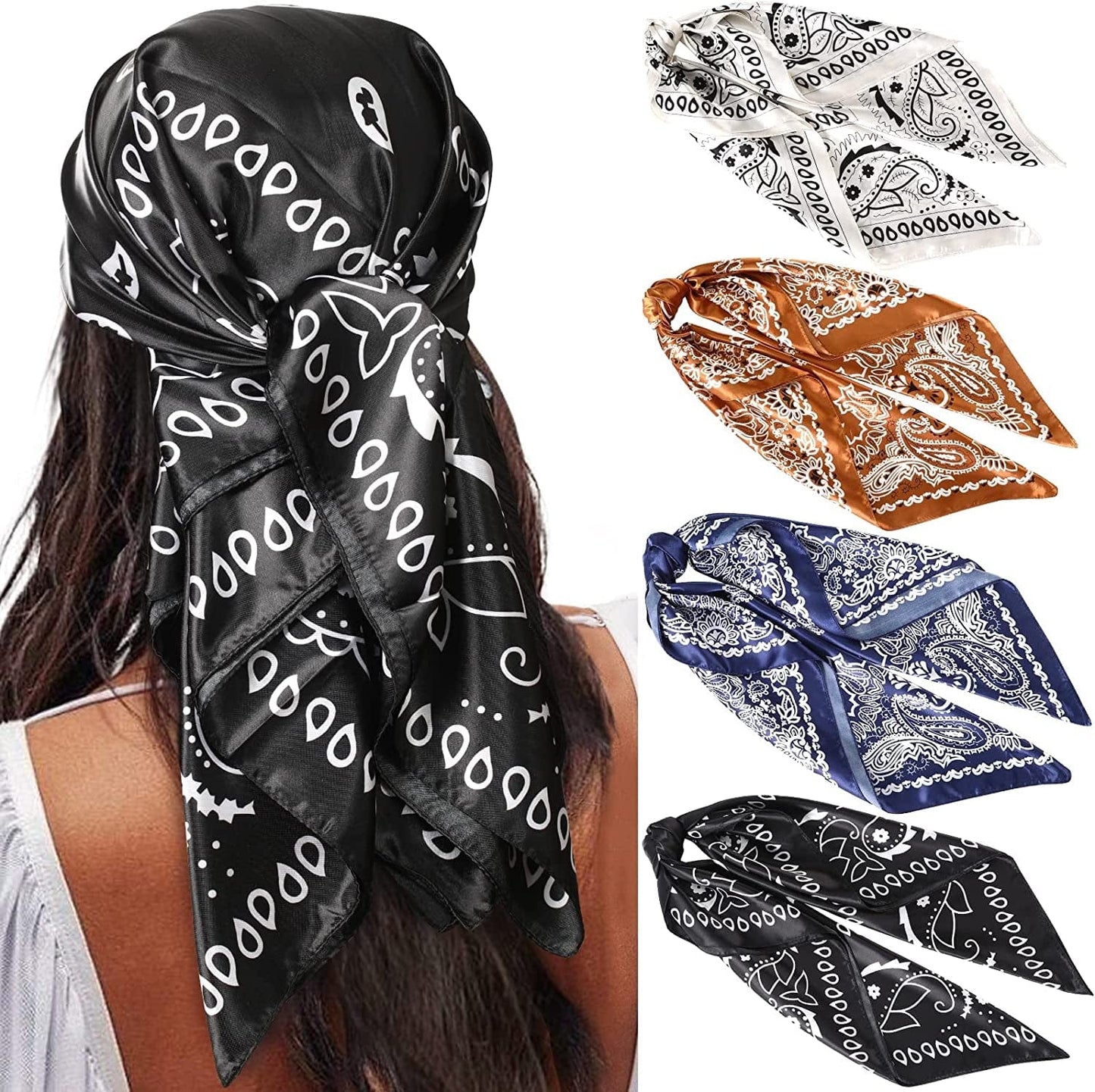 35” Satin Large Square Head Scarves - 4PCS Silk like Neck Scarf Hair Sleeping Wraps Lightweight Satin Silk Scarfs for Women Apparel & Accessories > Clothing Accessories > Headwear AWAYTR Cashew(black+white+coffee+navy)  