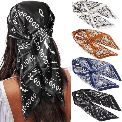 35” Satin Large Square Head Scarves - 4PCS Silk like Neck Scarf Hair Sleeping Wraps Lightweight Satin Silk Scarfs for Women Apparel & Accessories > Clothing Accessories > Headwear AWAYTR Cashew(black+white+coffee+navy)  