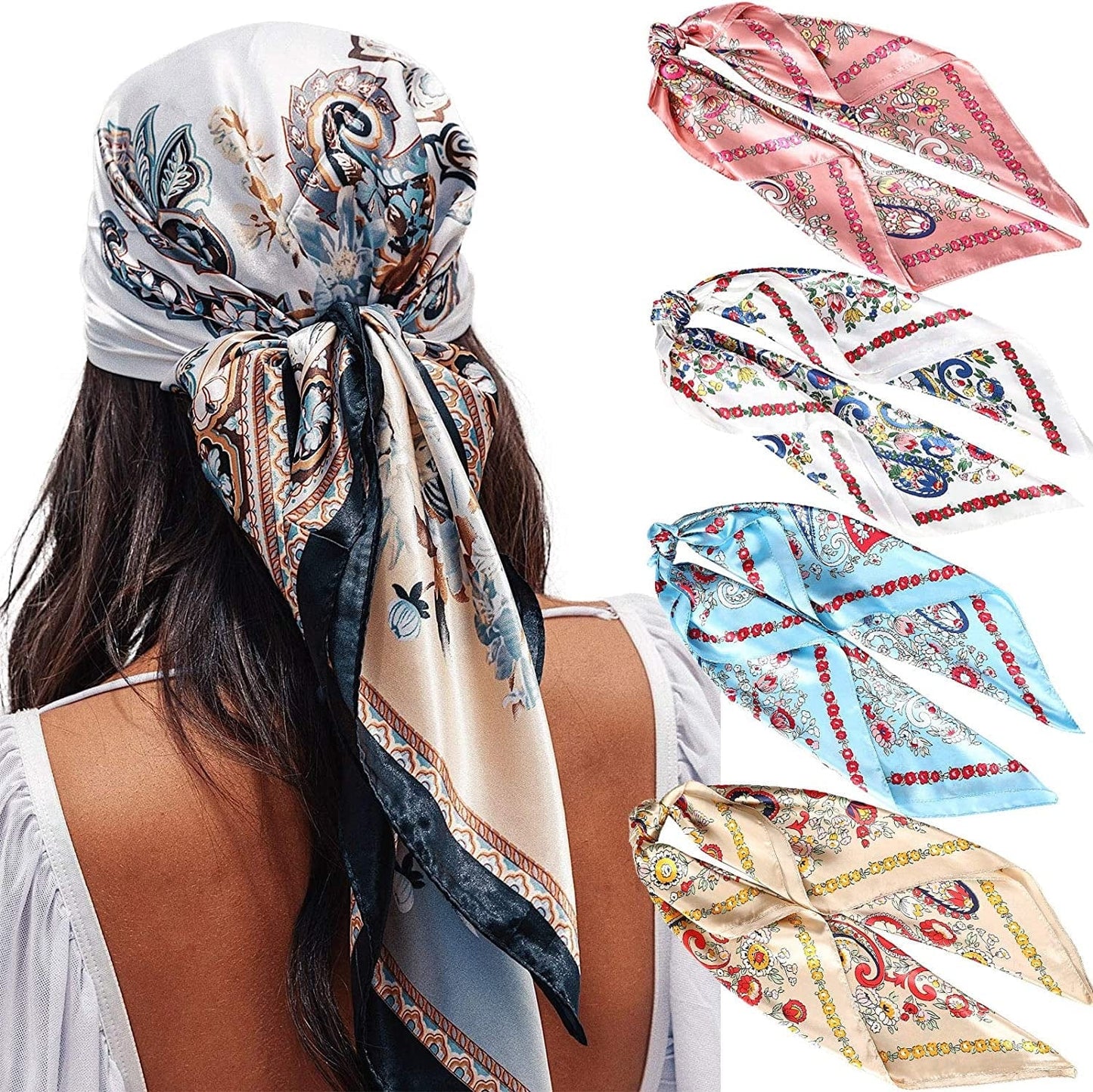 35” Satin Large Square Head Scarves - 4PCS Silk like Neck Scarf Hair Sleeping Wraps Lightweight Satin Silk Scarfs for Women Apparel & Accessories > Clothing Accessories > Headwear AWAYTR Cashew(light Blue/Pink/Coffee/White)  