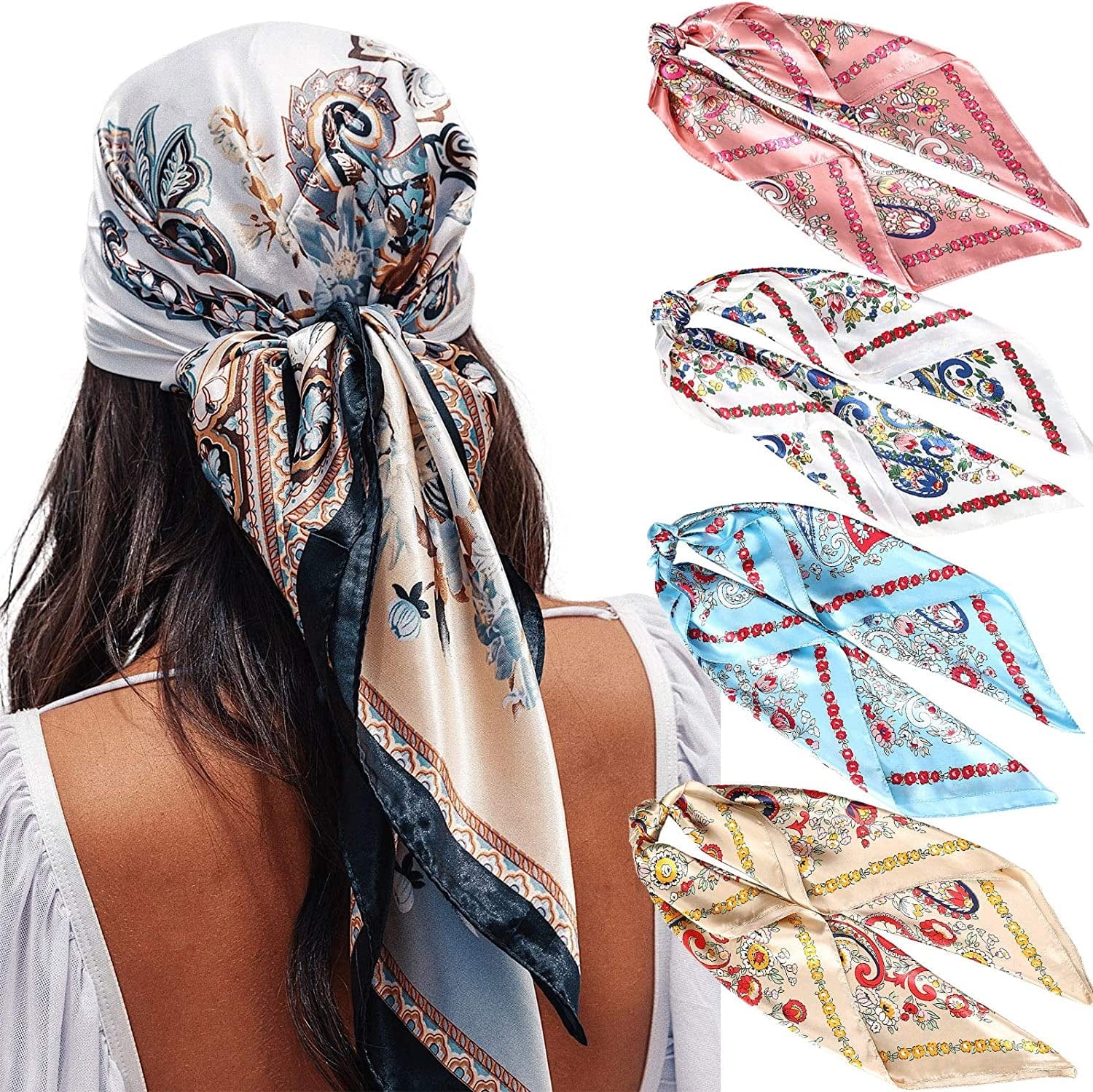35” Satin Large Square Head Scarves - 4PCS Silk like Neck Scarf Hair Sleeping Wraps Lightweight Satin Silk Scarfs for Women Apparel & Accessories > Clothing Accessories > Headwear AWAYTR Cashew(light Blue/Pink/Coffee/White)  