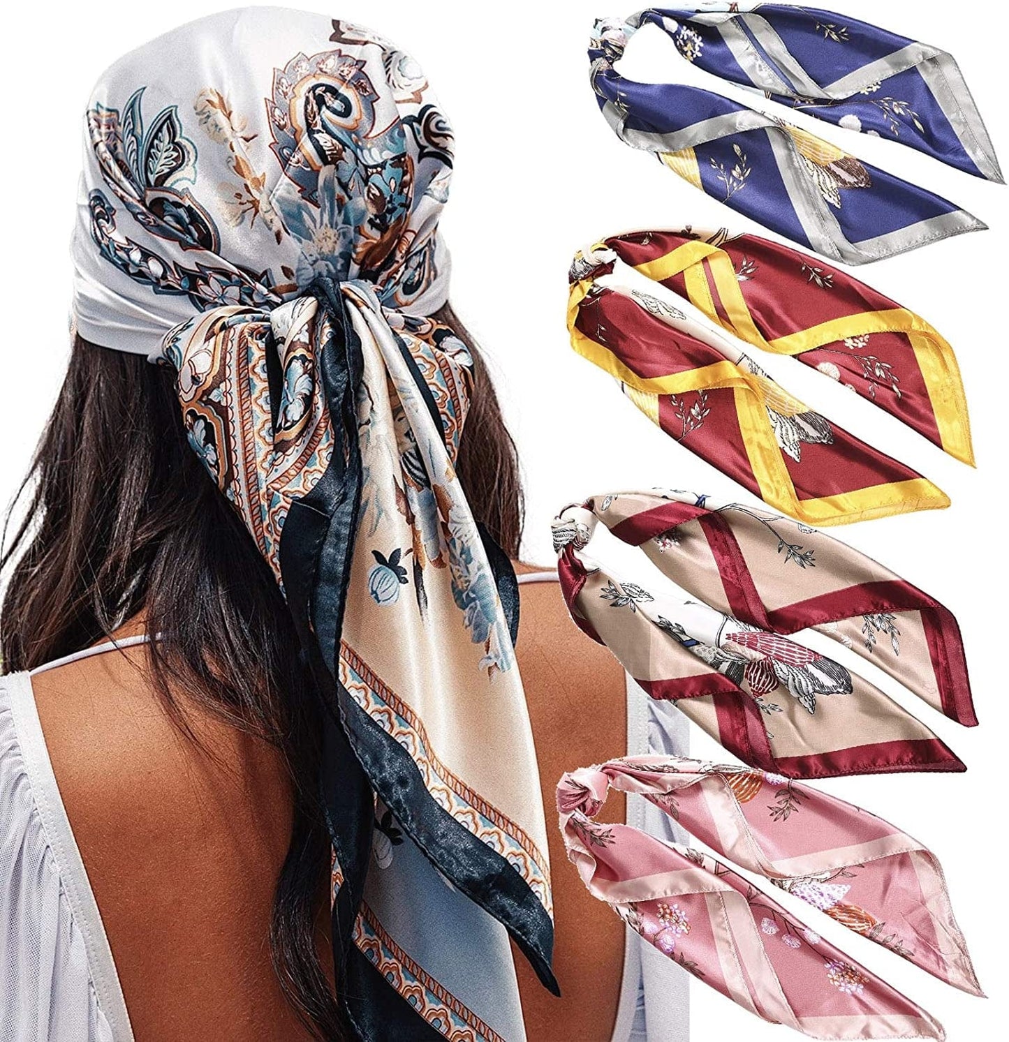 35” Satin Large Square Head Scarves - 4PCS Silk like Neck Scarf Hair Sleeping Wraps Lightweight Satin Silk Scarfs for Women Apparel & Accessories > Clothing Accessories > Headwear AWAYTR Flower Leaves  