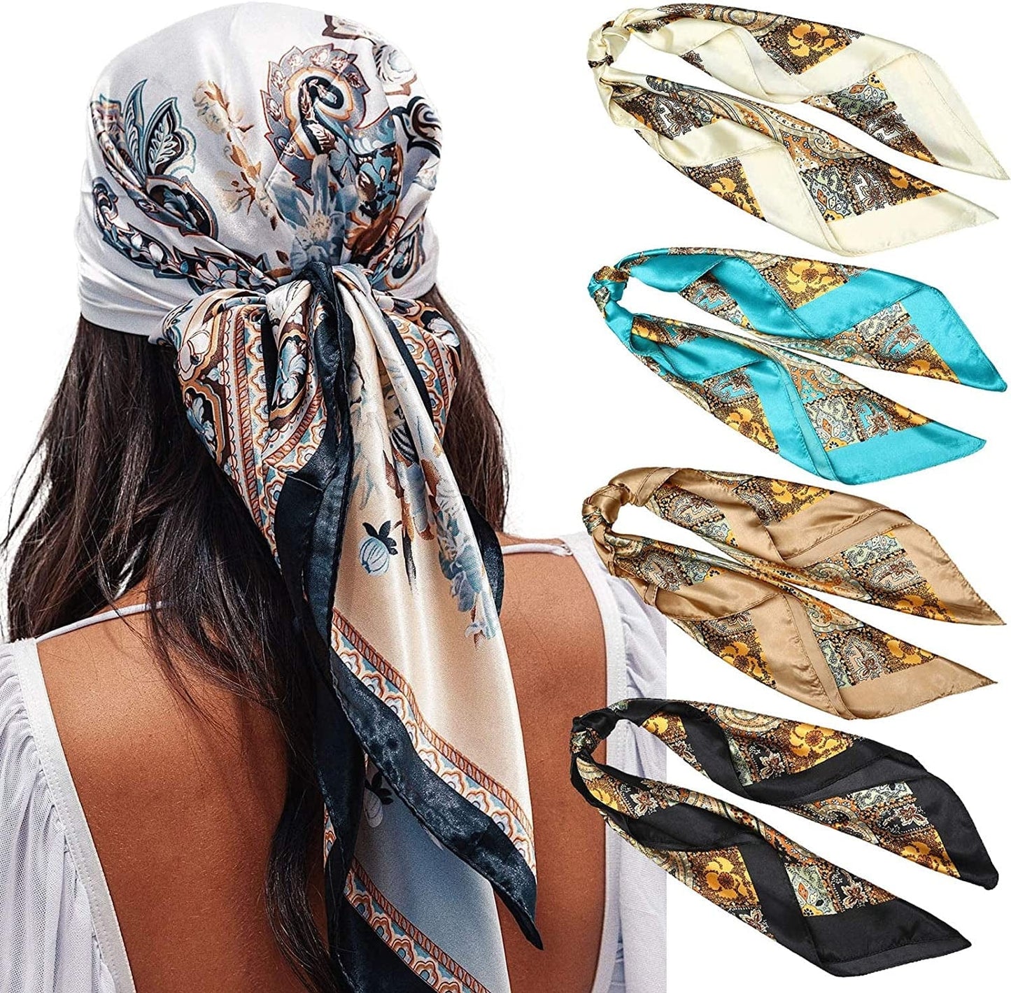 35” Satin Large Square Head Scarves - 4PCS Silk like Neck Scarf Hair Sleeping Wraps Lightweight Satin Silk Scarfs for Women Apparel & Accessories > Clothing Accessories > Headwear AWAYTR Cashew(black/Blue/Camel/Beige)  