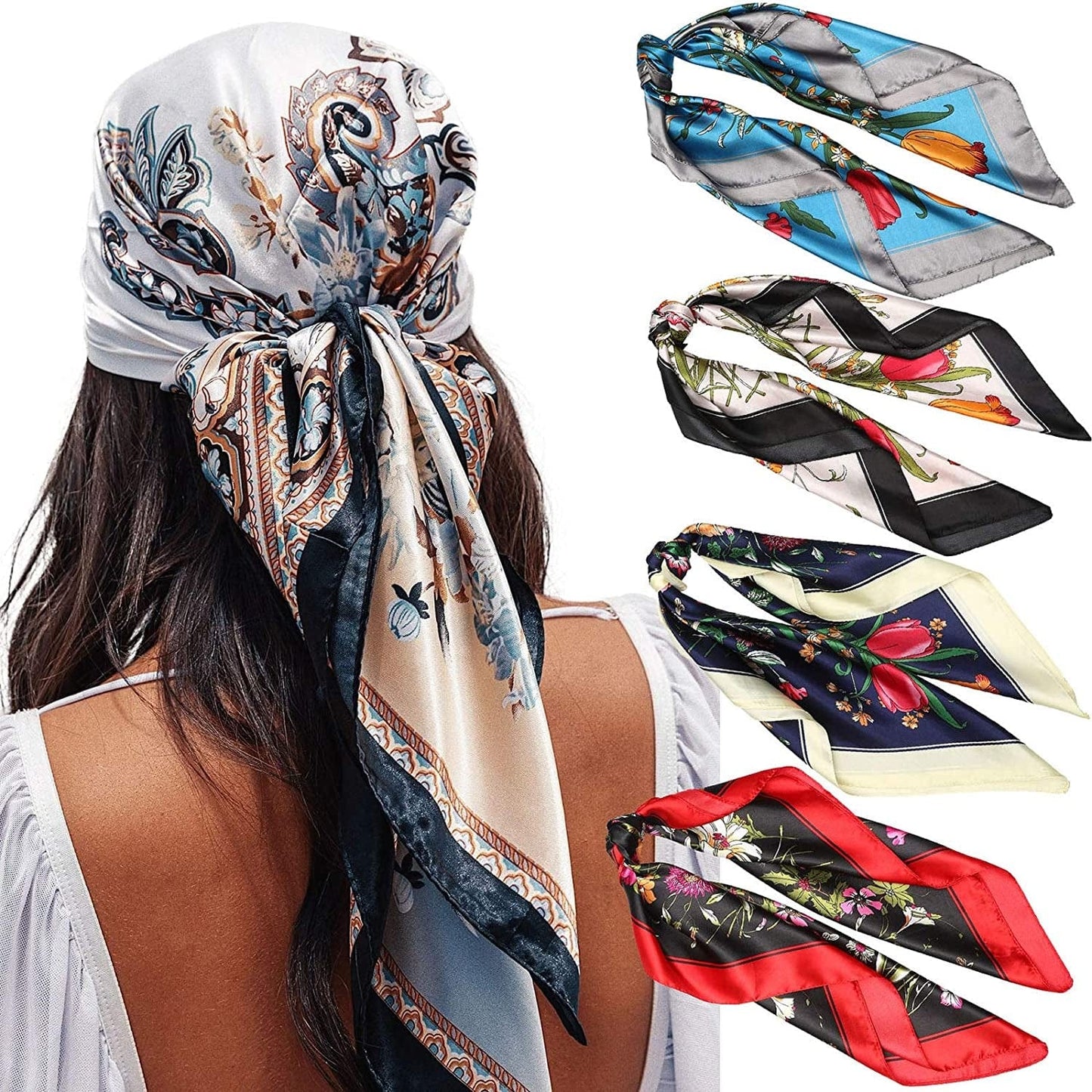 35” Satin Large Square Head Scarves - 4PCS Silk like Neck Scarf Hair Sleeping Wraps Lightweight Satin Silk Scarfs for Women Apparel & Accessories > Clothing Accessories > Headwear AWAYTR Floral + Butterfly  