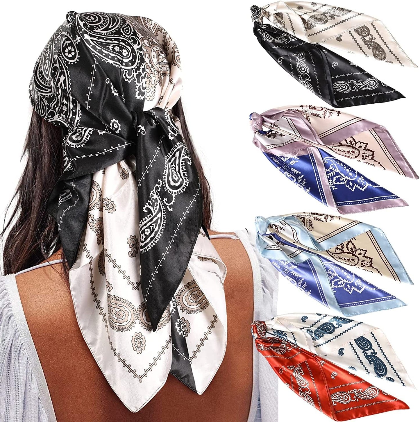 35” Satin Large Square Head Scarves - 4PCS Silk like Neck Scarf Hair Sleeping Wraps Lightweight Satin Silk Scarfs for Women Apparel & Accessories > Clothing Accessories > Headwear AWAYTR Cashew(patchwork Colors）  