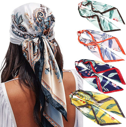 35” Satin Large Square Head Scarves - 4PCS Silk like Neck Scarf Hair Sleeping Wraps Lightweight Satin Silk Scarfs for Women Apparel & Accessories > Clothing Accessories > Headwear AWAYTR Squirrel Flower(yellow/Blue/Green/Navy)  