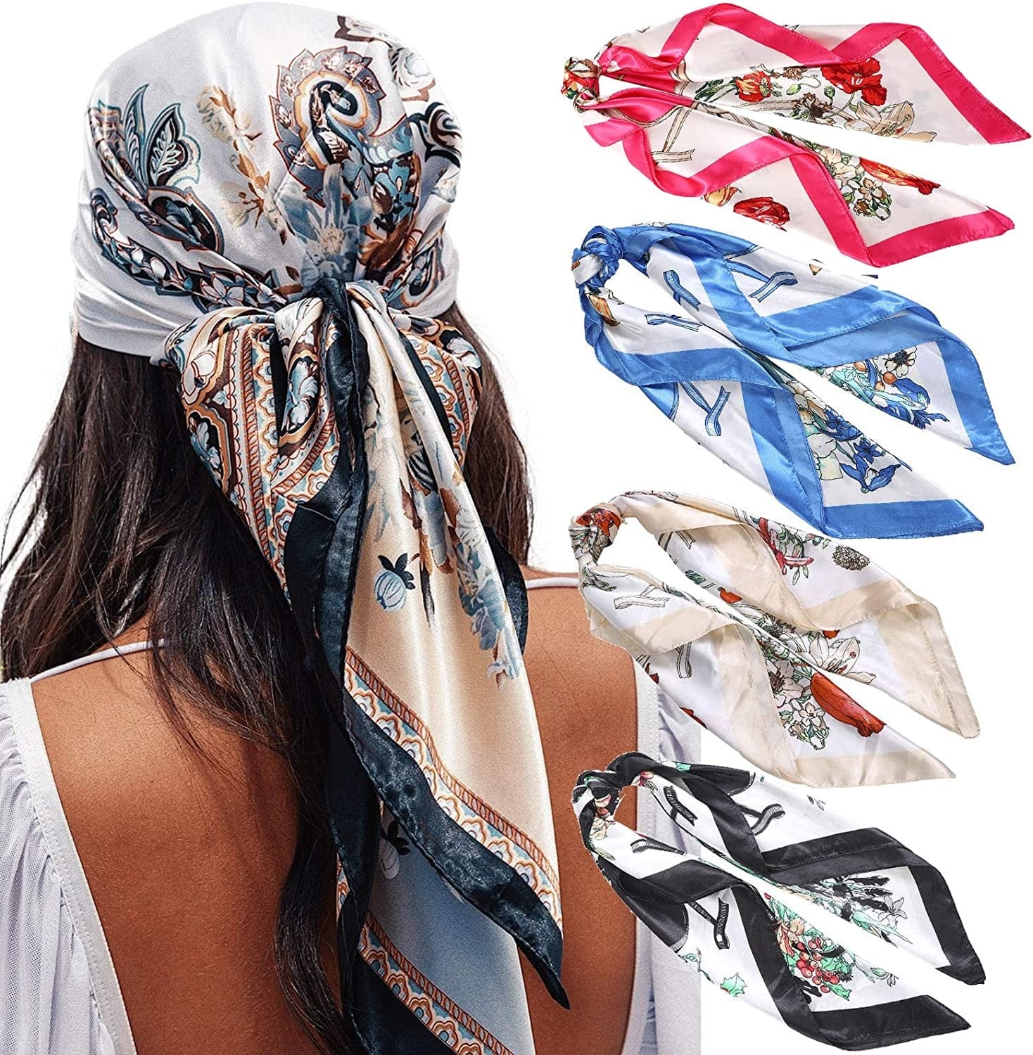35” Satin Large Square Head Scarves - 4PCS Silk like Neck Scarf Hair Sleeping Wraps Lightweight Satin Silk Scarfs for Women Apparel & Accessories > Clothing Accessories > Headwear AWAYTR Floral Patterns  