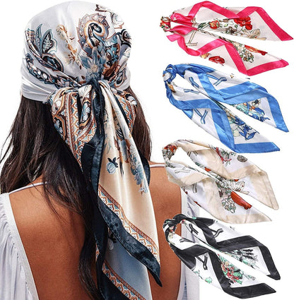 35” Satin Large Square Head Scarves - 4PCS Silk like Neck Scarf Hair Sleeping Wraps Lightweight Satin Silk Scarfs for Women Apparel & Accessories > Clothing Accessories > Headwear AWAYTR Floral Patterns  