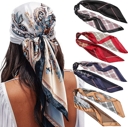 35” Satin Large Square Head Scarves - 4PCS Silk like Neck Scarf Hair Sleeping Wraps Lightweight Satin Silk Scarfs for Women Apparel & Accessories > Clothing Accessories > Headwear AWAYTR Cashew + Stripes  