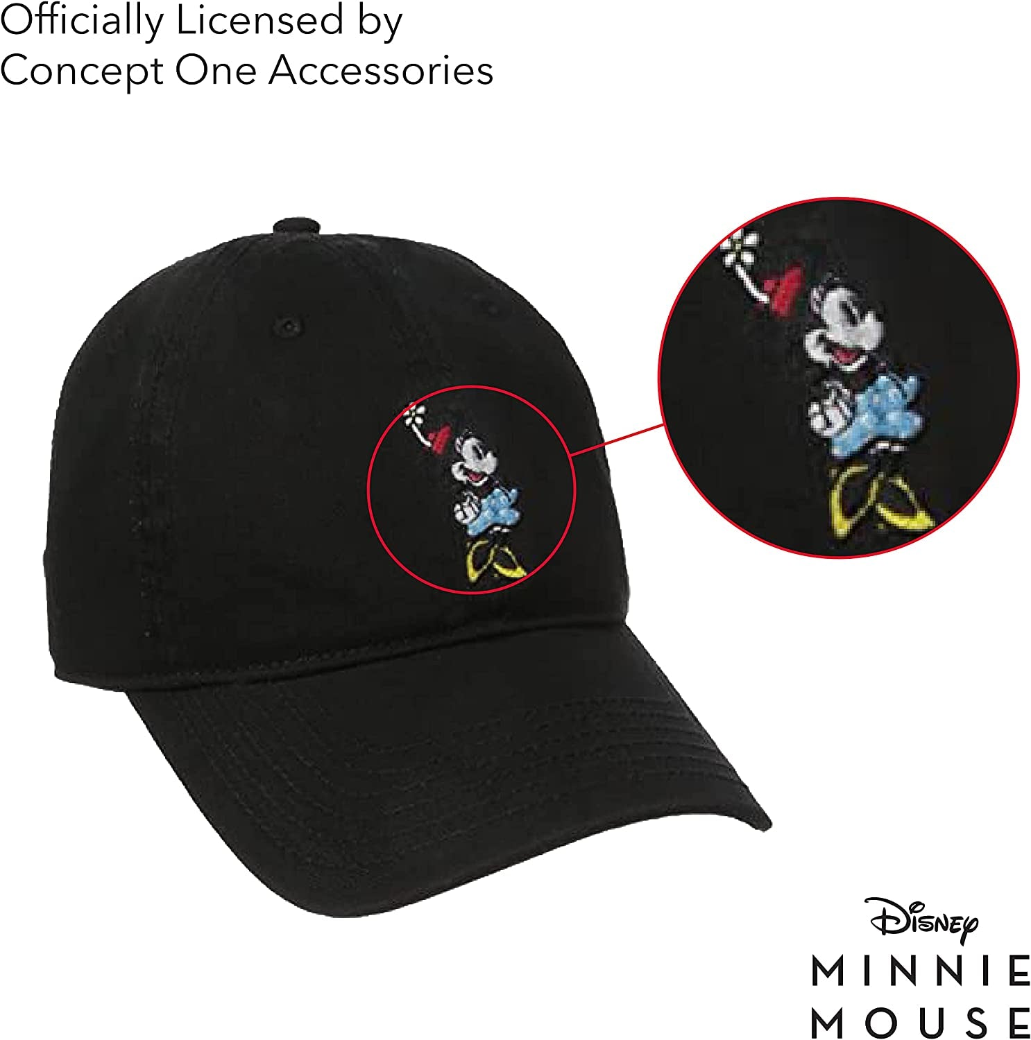 Concept One Disney Minnie Mouse Embroidered Cotton Adjustable Dad Hat, Baseball Cap with Curved Brim Apparel & Accessories > Clothing Accessories > Hats Concept One   