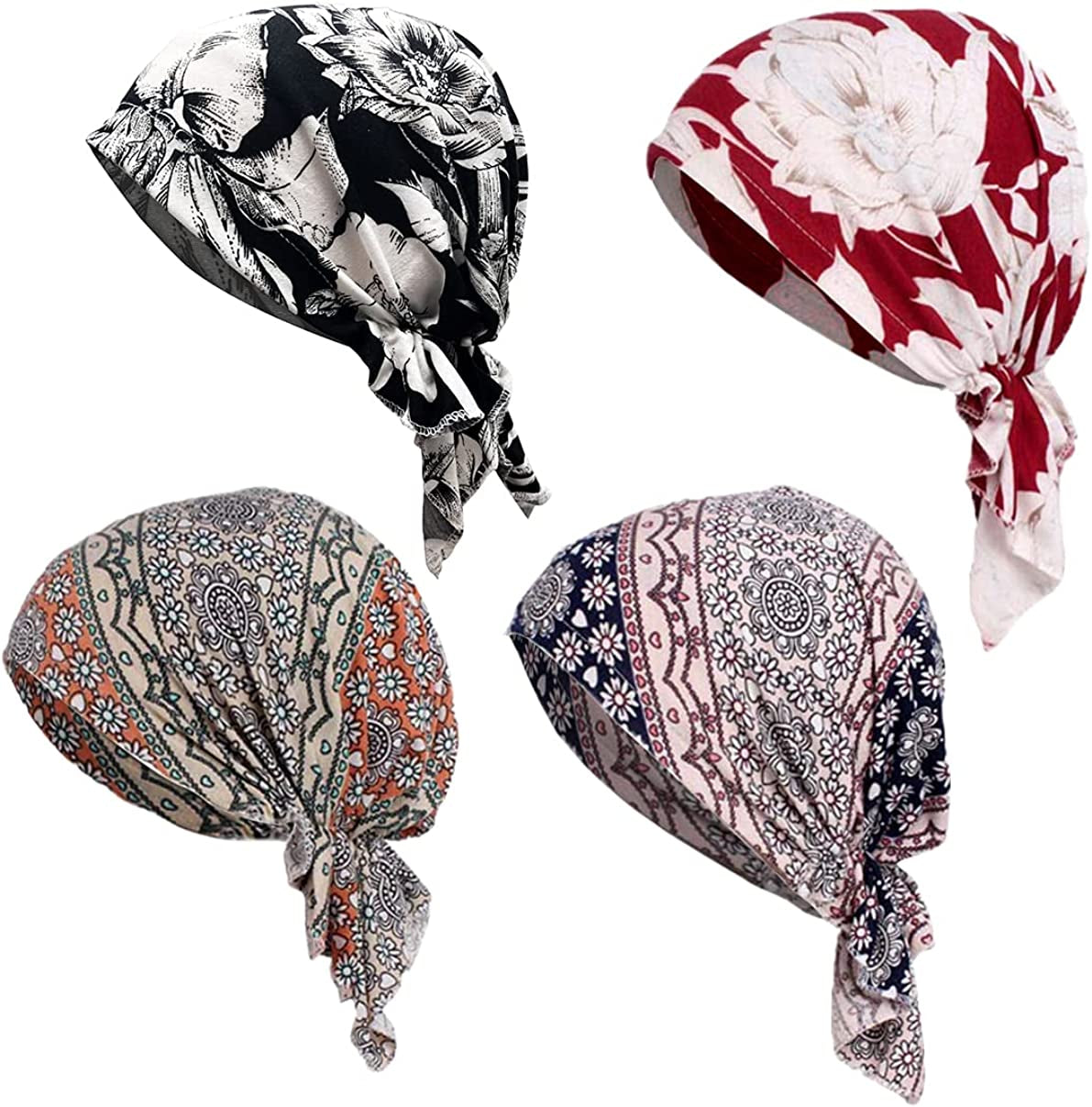 Pre Tied Head Covers Sets Chemo Beanies for Women Slip on Lightweight Chemo Bandana Turban Apparel & Accessories > Clothing Accessories > Headwear JarseHera 4 Pair,campaign 6-ruffee One Size 