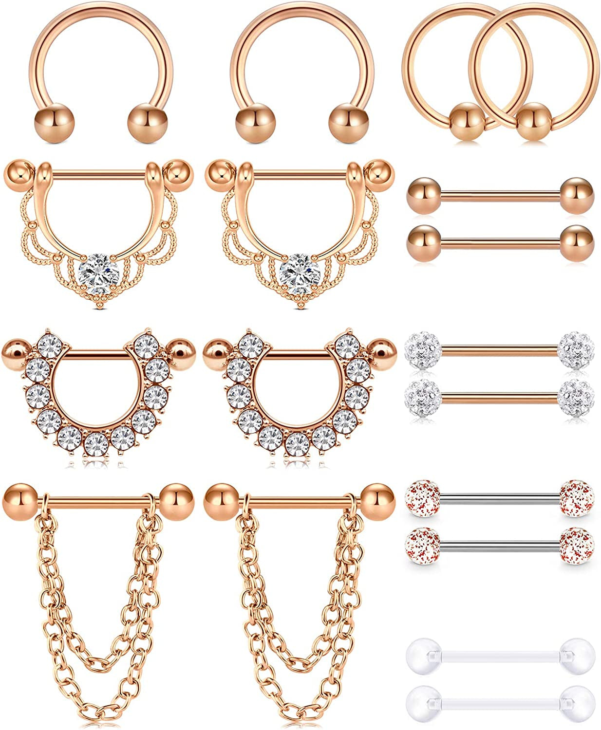 LAURITAMI Nipple Rings for Women Nipple Piercing Jewelry 14G Nipple Rings Surgical Steel Nipple Jewelry Straight Barbell Tongue Rings for Women CZ Nipplering Piercing Jewelry Set Apparel & Accessories > Jewelry > Body Jewelry LAURITAMI F -rose gold  