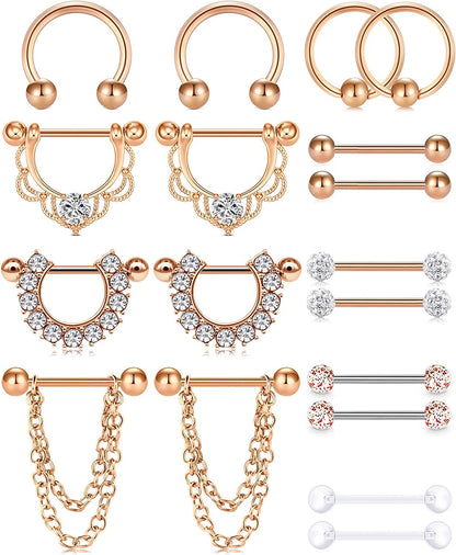 LAURITAMI Nipple Rings for Women Nipple Piercing Jewelry 14G Nipple Rings Surgical Steel Nipple Jewelry Straight Barbell Tongue Rings for Women CZ Nipplering Piercing Jewelry Set Apparel & Accessories > Jewelry > Body Jewelry LAURITAMI F -rose gold  