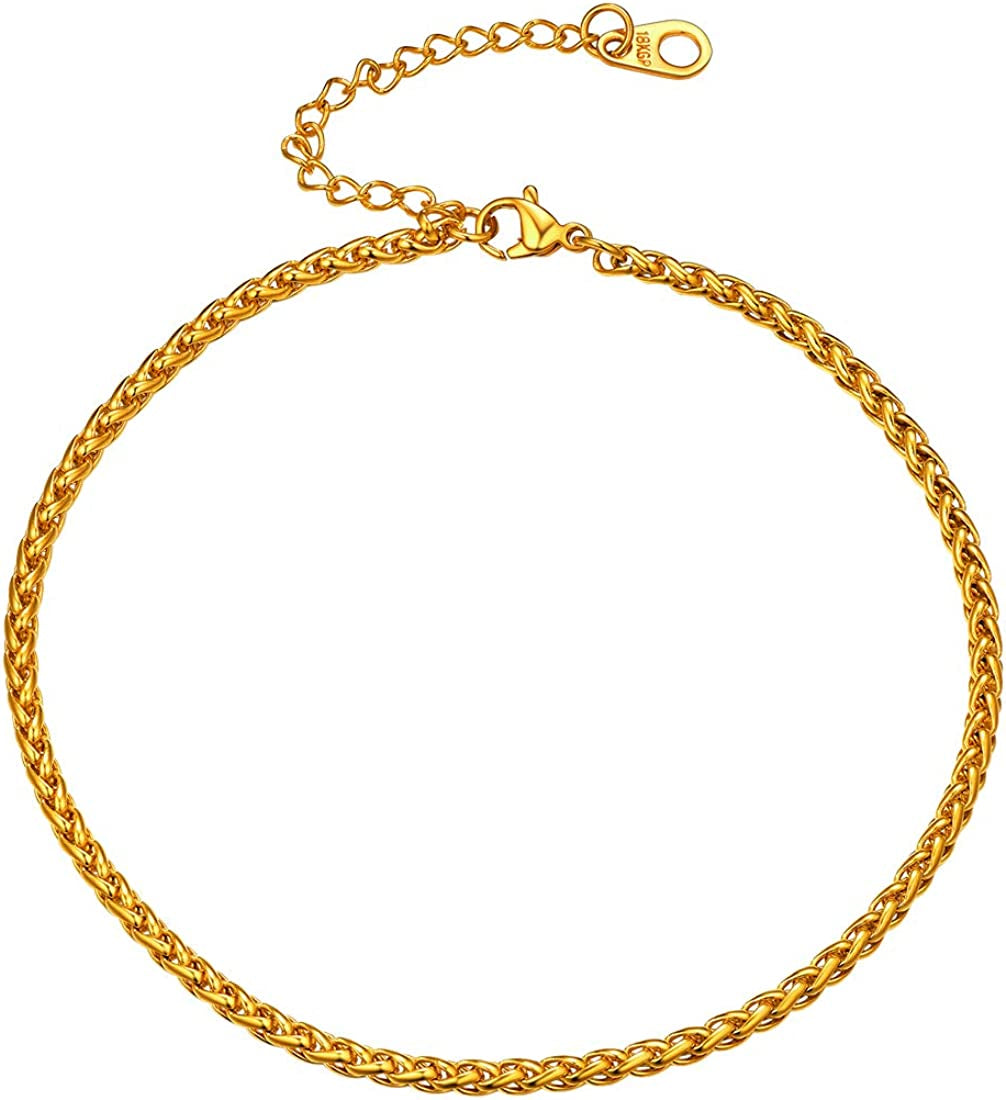 Women Girls Barefoot Jewelry 18K Gold or Rose Gold Stainless Steel Heart / Rope / Figaro / Cuban Chain Anklet Foot Bracelet, 25-30 CM Long Apparel & Accessories > Jewelry > Anklets U7 Jewelry 05.Gold plated-3mm wheat chain  