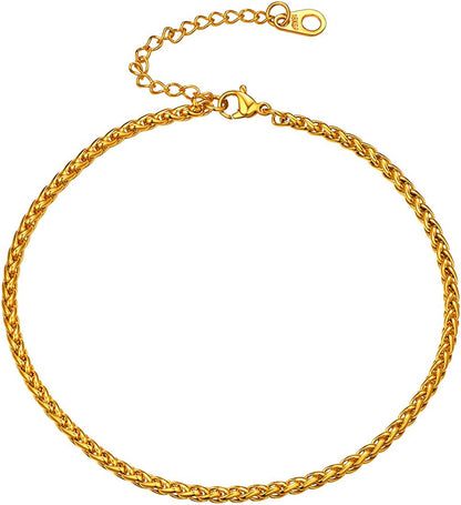Women Girls Barefoot Jewelry 18K Gold or Rose Gold Stainless Steel Heart / Rope / Figaro / Cuban Chain Anklet Foot Bracelet, 25-30 CM Long Apparel & Accessories > Jewelry > Anklets U7 Jewelry 05.Gold plated-3mm wheat chain  