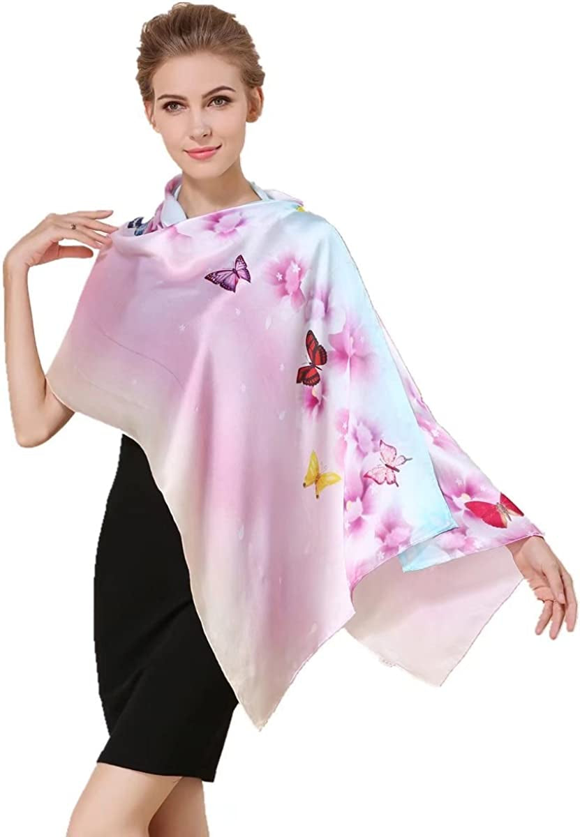 Women'S 100% Charmeuse Mulberry Silk Long Scarf for Gift Hair Ladies Shawls Floral and Butterfly Scarves Apparel & Accessories > Clothing Accessories > Scarves & Shawls WindamazingStory Black  