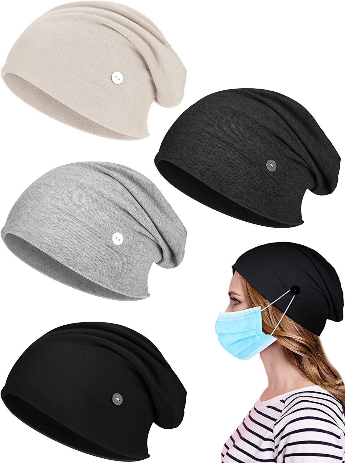SATINIOR 4 Pieces Slouchy Beanie Caps with Buttons Bouffant Cap Elastic Sleeping Hats Button Headwrap Apparel & Accessories > Clothing Accessories > Headwear SATINIOR Black, Dark Grey, Grey, Beige  