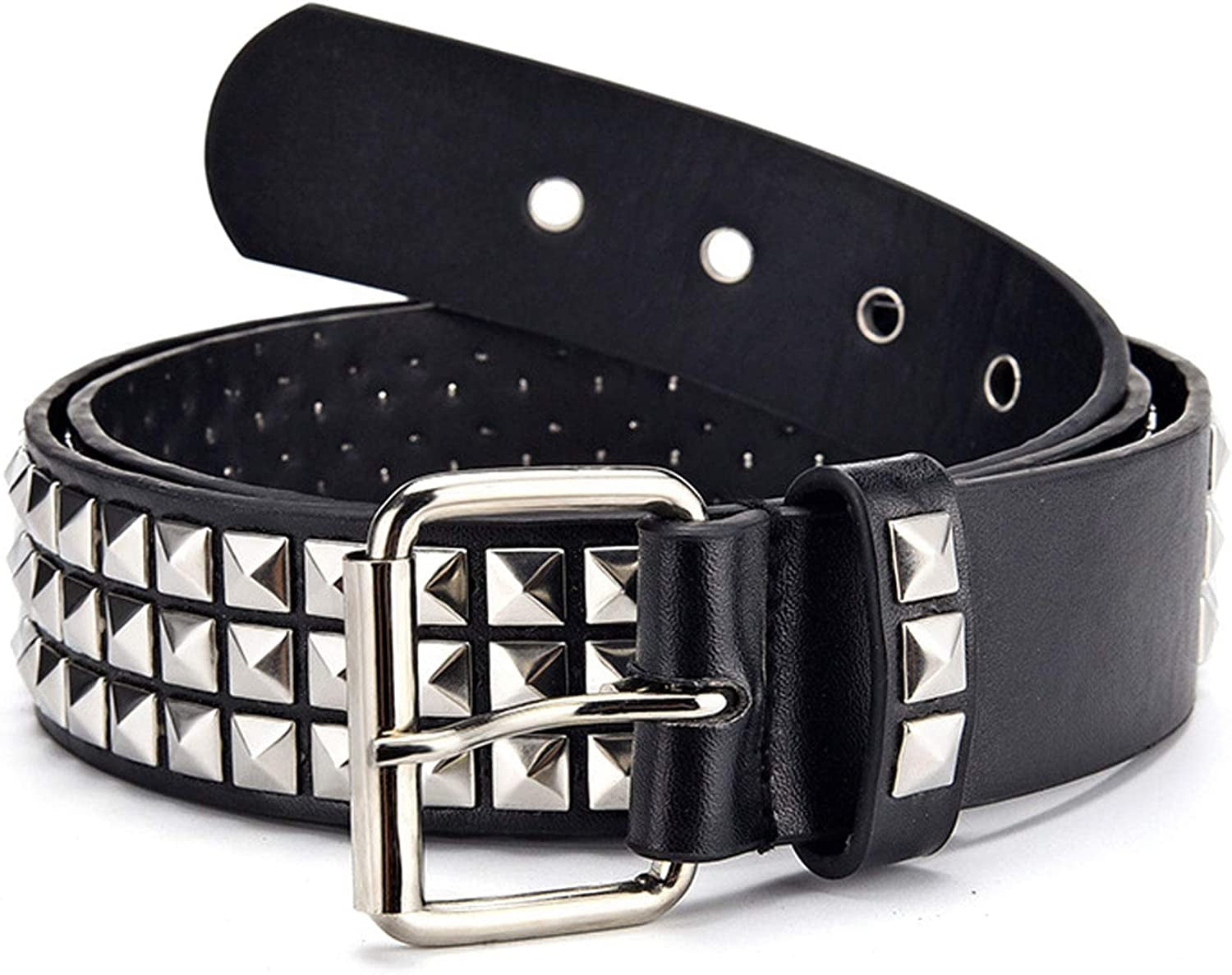 Three Row Punk Studded Belt, Black Belt Metal Pyramid Belt Gothic Rivet for Jeans Pants Apparel & Accessories > Clothing Accessories > Belts DCEVERTTO Black  