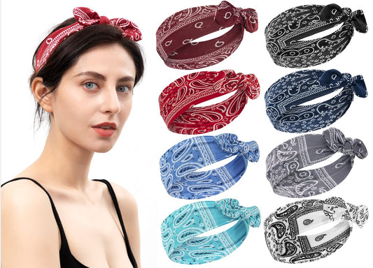 Habibee 8 Pcs Headbands for Women Boho Rabbit Ear Wide Headbands Flower Printed Hair Band with Bows Fashion and Sport Hair Accessories for Women and Girls Apparel & Accessories > Clothing Accessories > Bandanas & Headties habibee Boho-A  