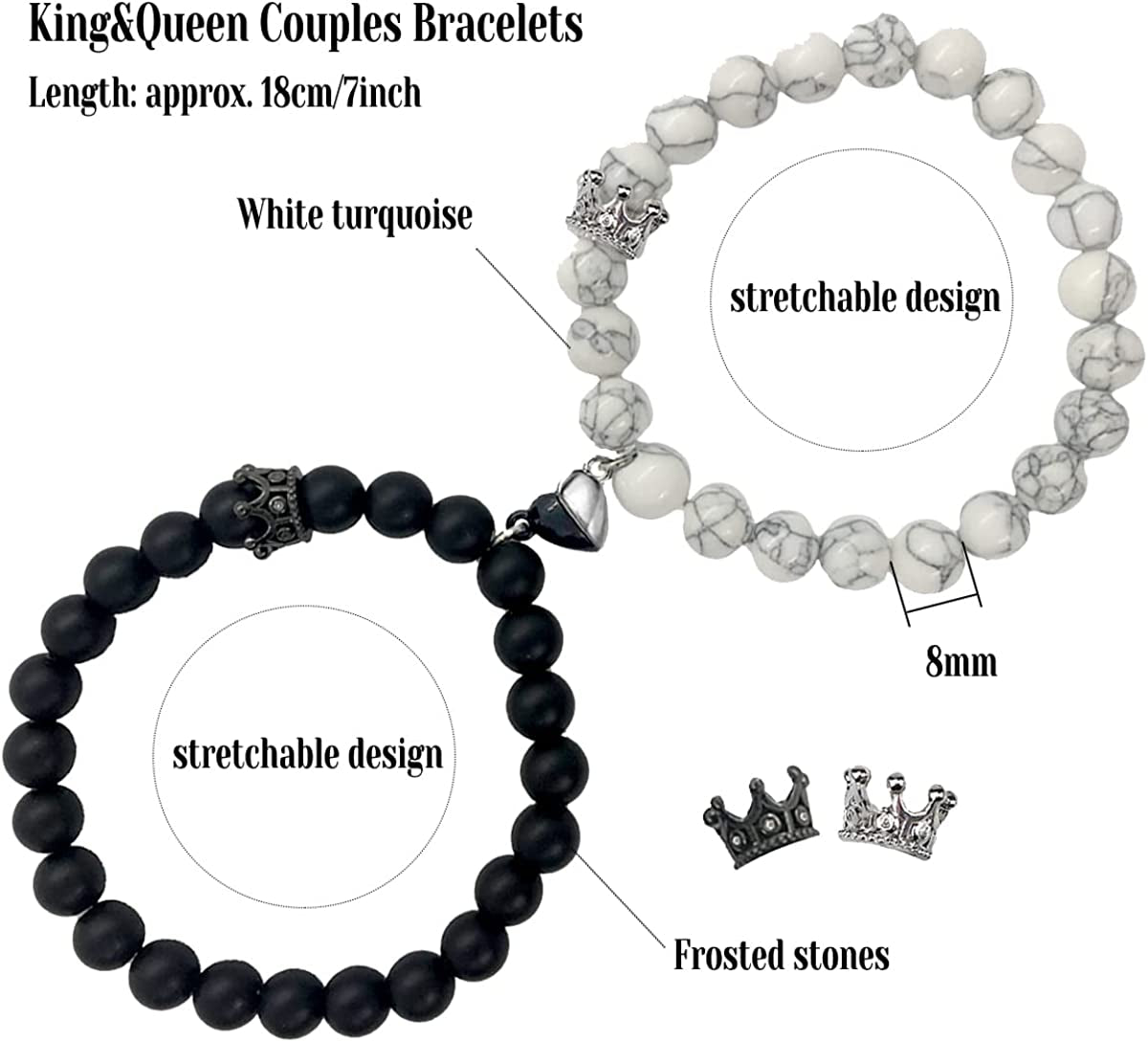 Magnetic Bracelets for Couples King&Queen Crown His and Her Bracelets Heart Matching Bracelets Long Distance Relationship Gifts for Boyfriend and Girlfriend on Anniversary Couples Jewelry for Women Men Apparel & Accessories > Jewelry > Bracelets Ymeeaa   