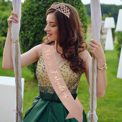 CAVETEE Rose Gold 30 & Fabulous Birthday Sash and Crown 30Th Birthday Tiaras and Sash Set for Women Birthday Decorations Birthday Queen Crowns Tiaras for Women Apparel & Accessories > Clothing Accessories > Sashes CAVETEE   