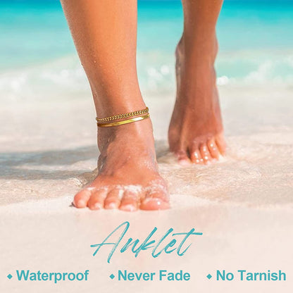 FOCALOOK 18K Gold Plated Flat Snake Chain Link Dainty Ankle Bracelets for Women, Boho Summer Beach Anklet Adjustable Foot Jewelry (4 Colors) Apparel & Accessories > Jewelry > Anklets FOCALOOK JEWELRY   