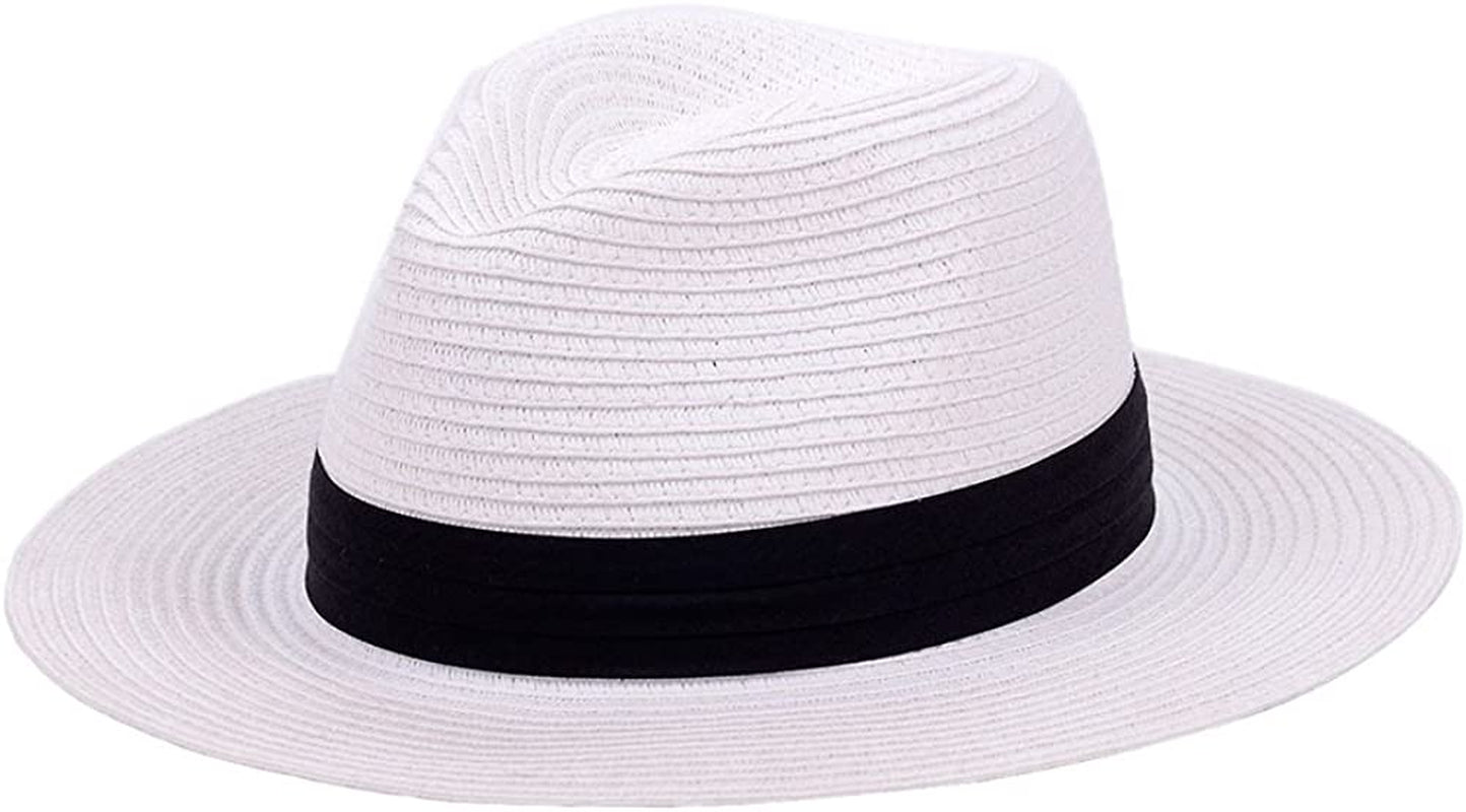 Panama Straw Hats for Women Summer Beach Sun Hat Wide Brim Fedora Cap UPF50+ Apparel & Accessories > Clothing Accessories > Hats KYLIE MAX A04-white  