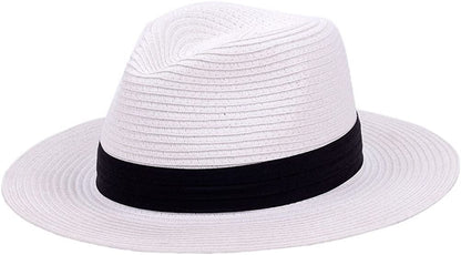 Panama Straw Hats for Women Summer Beach Sun Hat Wide Brim Fedora Cap UPF50+ Apparel & Accessories > Clothing Accessories > Hats KYLIE MAX A04-white  