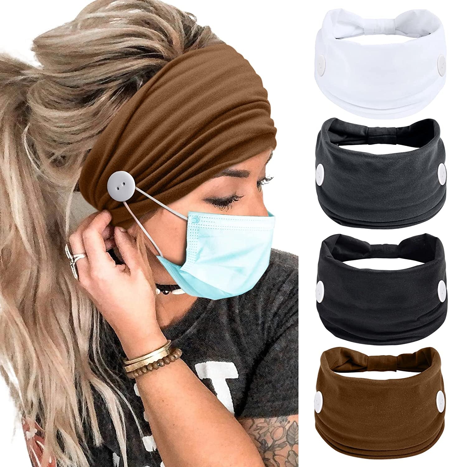 Wide Headbands for Women Black Stylish Head Wraps Boho Thick Hairbands Large African Sport Yoga Turban Headband Hair Accessories (Pack of 4) Apparel & Accessories > Clothing Accessories > Bandanas & Headties Huachi Button Headbands 1  