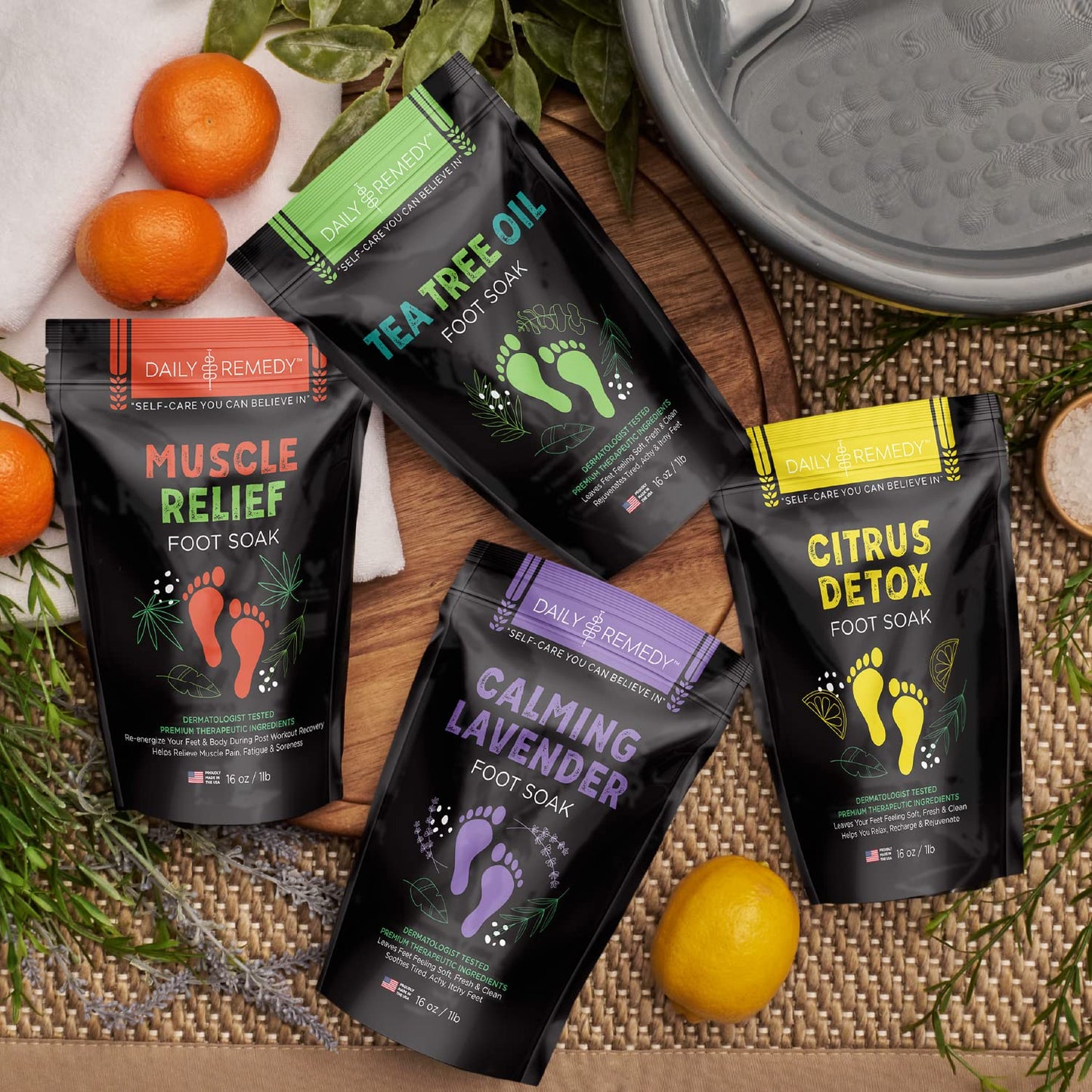 DAILY REMEDY Foot Soak Salts- Variety Pack of 4- Tea Tree Oil, Muscle Relief, Calming Lavender & Citrus Soak- for Foot Pain, Soreness, Athlete’S Foot, Odors, Calluses-Made in USA Health & Beauty > Personal Care > Foot Care DAILY REMEDY   