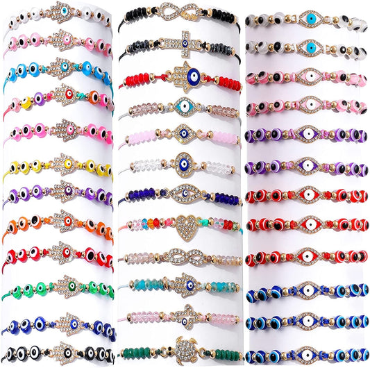 36/24 Pcs Evil Eye Bracelets Pack Mexican Braclets Set Ojo Bracelet Protection Amulet Anklets Jewelry Gift for Women Girls Boys Apparel & Accessories > Jewelry > Anklets BONITTER 36 Pcs Mix Style  