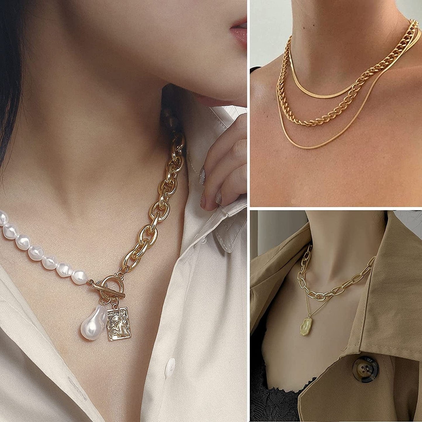36 PCS Gold Plated Jewelry Set with 4 PCS Necklace, 11 PCS Bracelet, 7 PCS Ear Cuffs Earring, 14 Pcs Knuckle Rings for Women Girls Valentine Anniversary Birthday Friendship Gift
