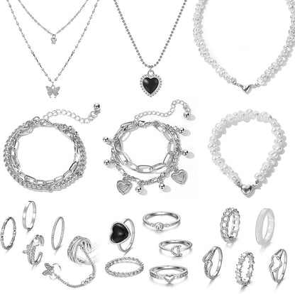 36 PCS Silver Plated Jewelry Set with 3 PCS Necklace, 12 PCS Bracelet, 7 PCS Ear Cuffs Earring, 14 Pcs Knuckle Rings for Women Girls Valentine Anniversary Birthday Friendship Gift 21 Pcs Silver