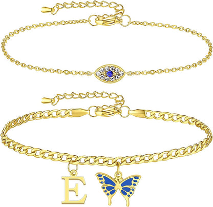 SAM & LORI 2 Pcs Anklets Set 18K Gold Plated Dainty Layered Personalized Initial Anklets Bracelets - Blue Butterfly - Sparkling CZ Evil Eye - Adjustable Summer Jewelry for Women Teen Girls Apparel & Accessories > Jewelry > Anklets SAM & LORI "Butterfly Evil Eye - E  