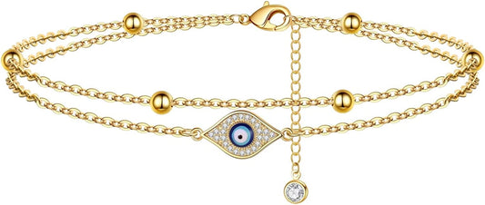 Dainty Ankle Bracelets for Women Girls, 14K Gold Filled Handmade Anklet Tiny Lock Key Star Lightning Crescent Elephant Evil Eye Ankle Bracelets for Women Girls Summer Boho Beach Foot Jewelry Apparel & Accessories > Jewelry > Anklets Yoosteel CZ Evil Eye  