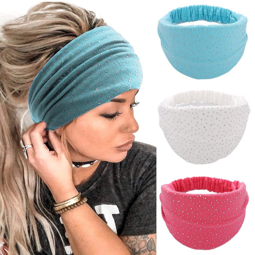 CAKURE Crystal Wide Headbands Rhinestone Bling Head Bands Sparkle Head Scarf Turban Headband Elastic African Head Wraps Sport Hair Bands for Women and Girls Pack of 3 (Set 2) Apparel & Accessories > Clothing Accessories > Bandanas & Headties CAKURE set 5  