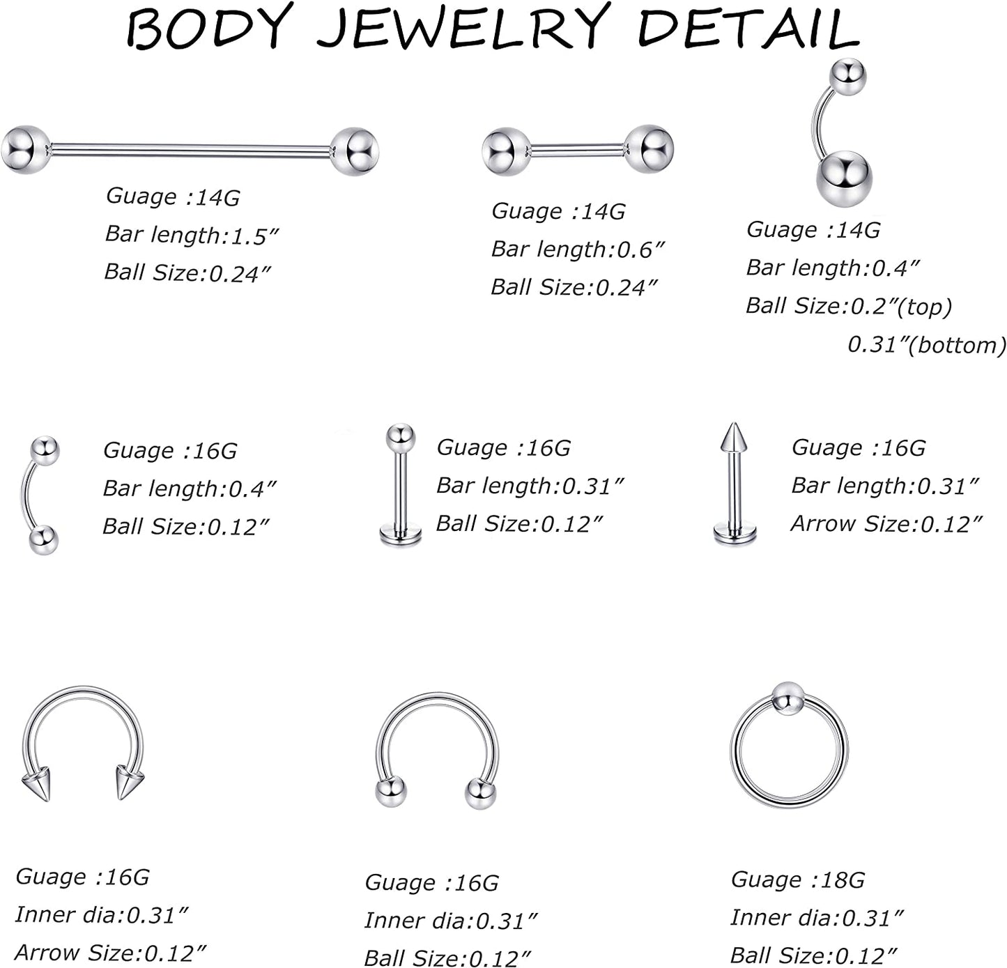 Jstyle 120Pcs Body Jewelry Piercing Lot Stainless Steel Nose Horseshoe Lip Tongue Eyebrow Tragus Body Piercing Navel Belly Ring Barbells 14G-16G Apparel & Accessories > Jewelry > Rings Jstyle   
