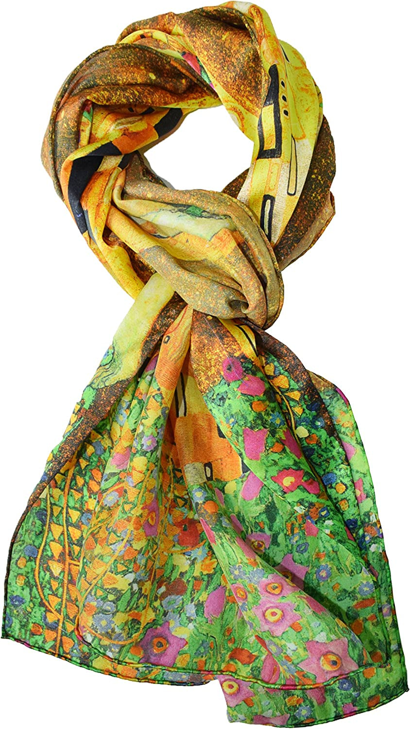 ELEGNA Women'S 100% Silk Flower Painting Long Scarf Shawl Hand Rolled Edge Apparel & Accessories > Clothing Accessories > Scarves & Shawls Elegna Gustav Klimt's Kiss  