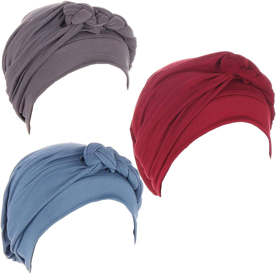 Lucky Staryuan ® 3Pack Chemo Cancer Headwear for Women Soft Pre-Tied Twisted Braid Hair Cover Turban Headwear Apparel & Accessories > Clothing Accessories > Headwear Lucky staryuan Gray Light Blue Wine Red  