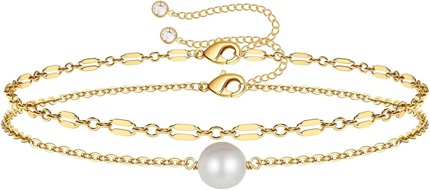 Dainty Gold Bracelets for Women, 14K Gold Filled Adjustable Layered Bracelet Cute Evil Eye Oval Chain Pearl Bar Turtle Gold Bracelets for Women Jewelry Apparel & Accessories > Jewelry > Bracelets Turandoss Pearl&Chain  
